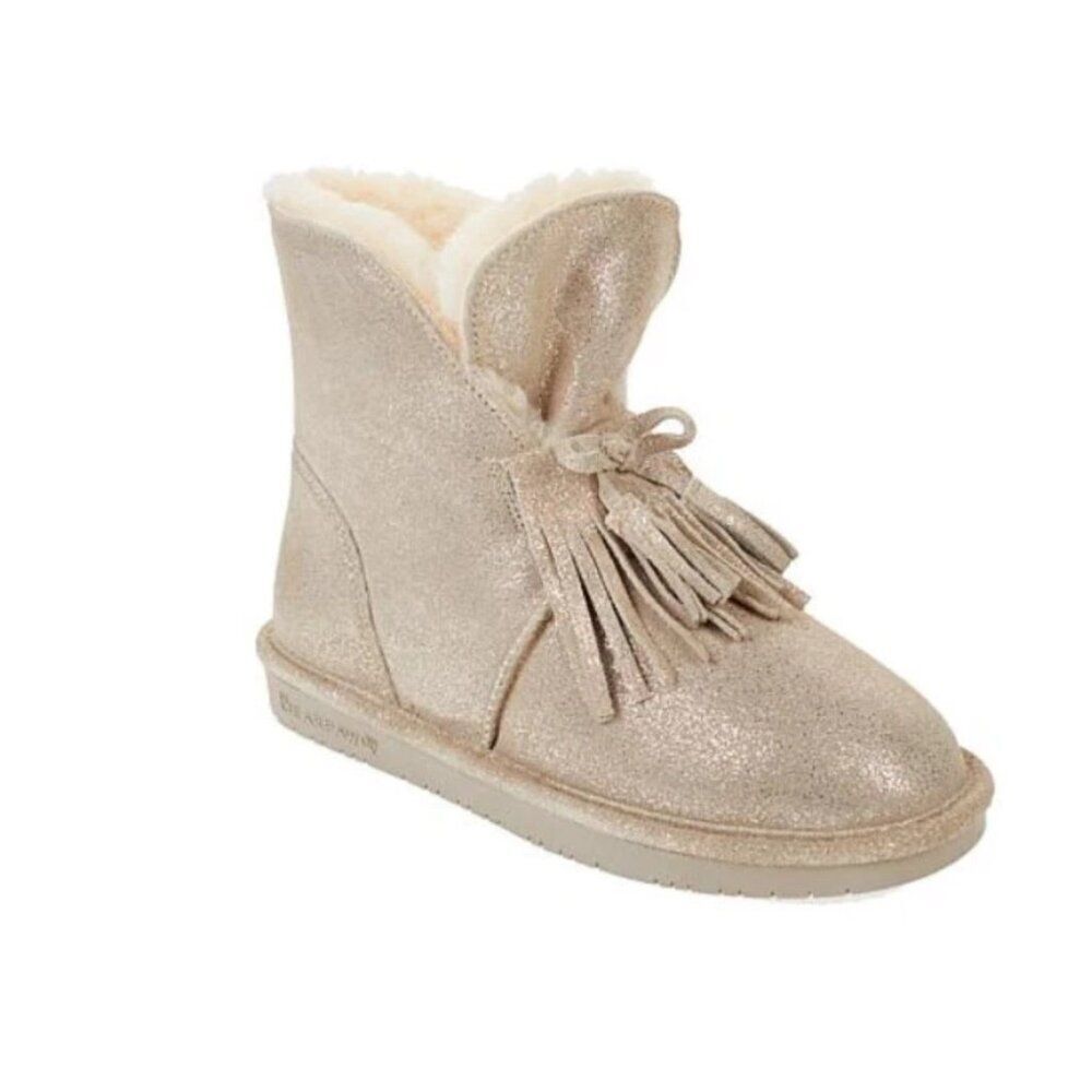 Bearpaw Christie Suede Pewter Sheepskin Fringe Women's Winter Booties Size 7